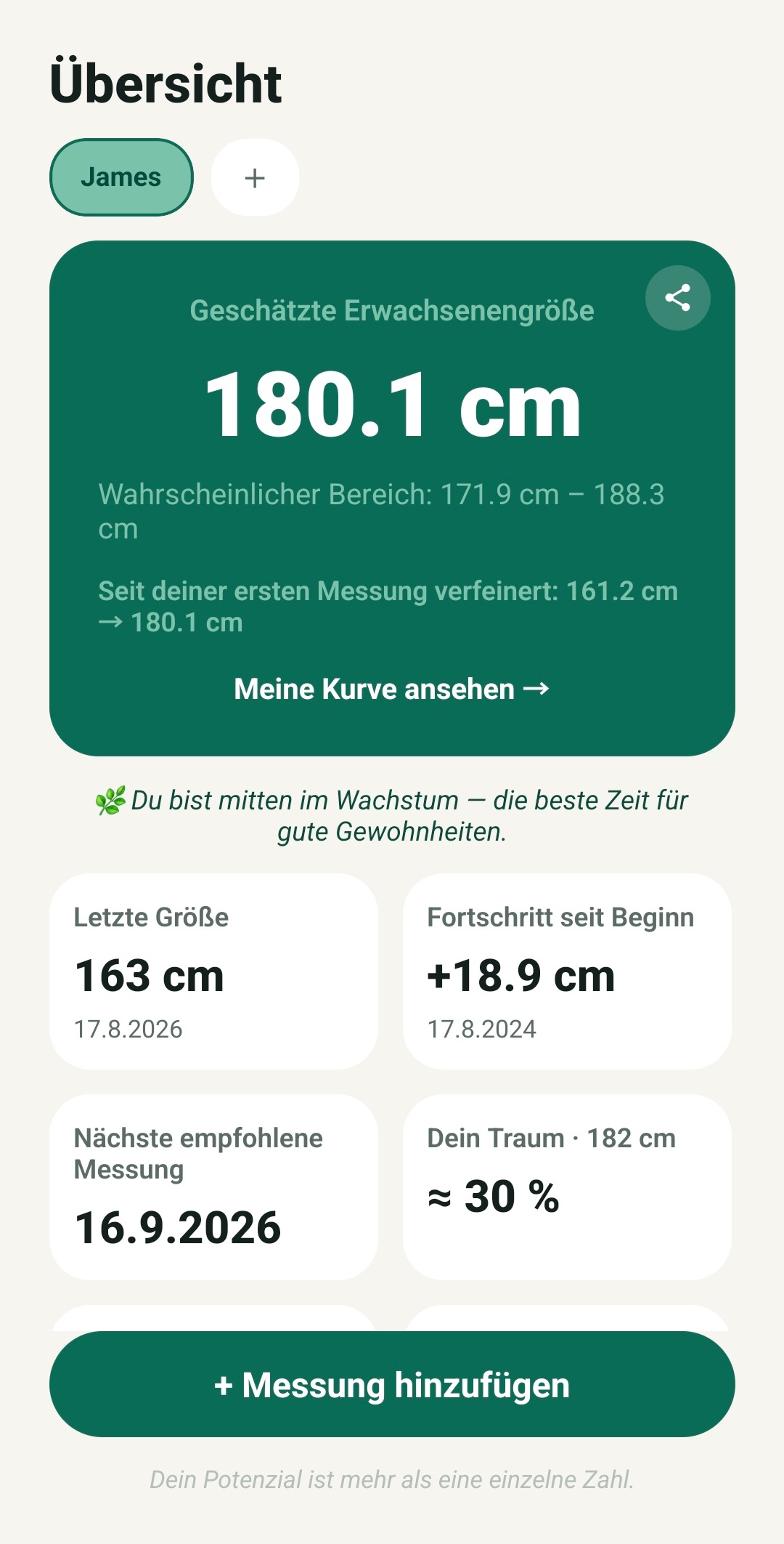 TallUp Dashboard mit geschätzter Endgröße und Wachstumsfortschritt