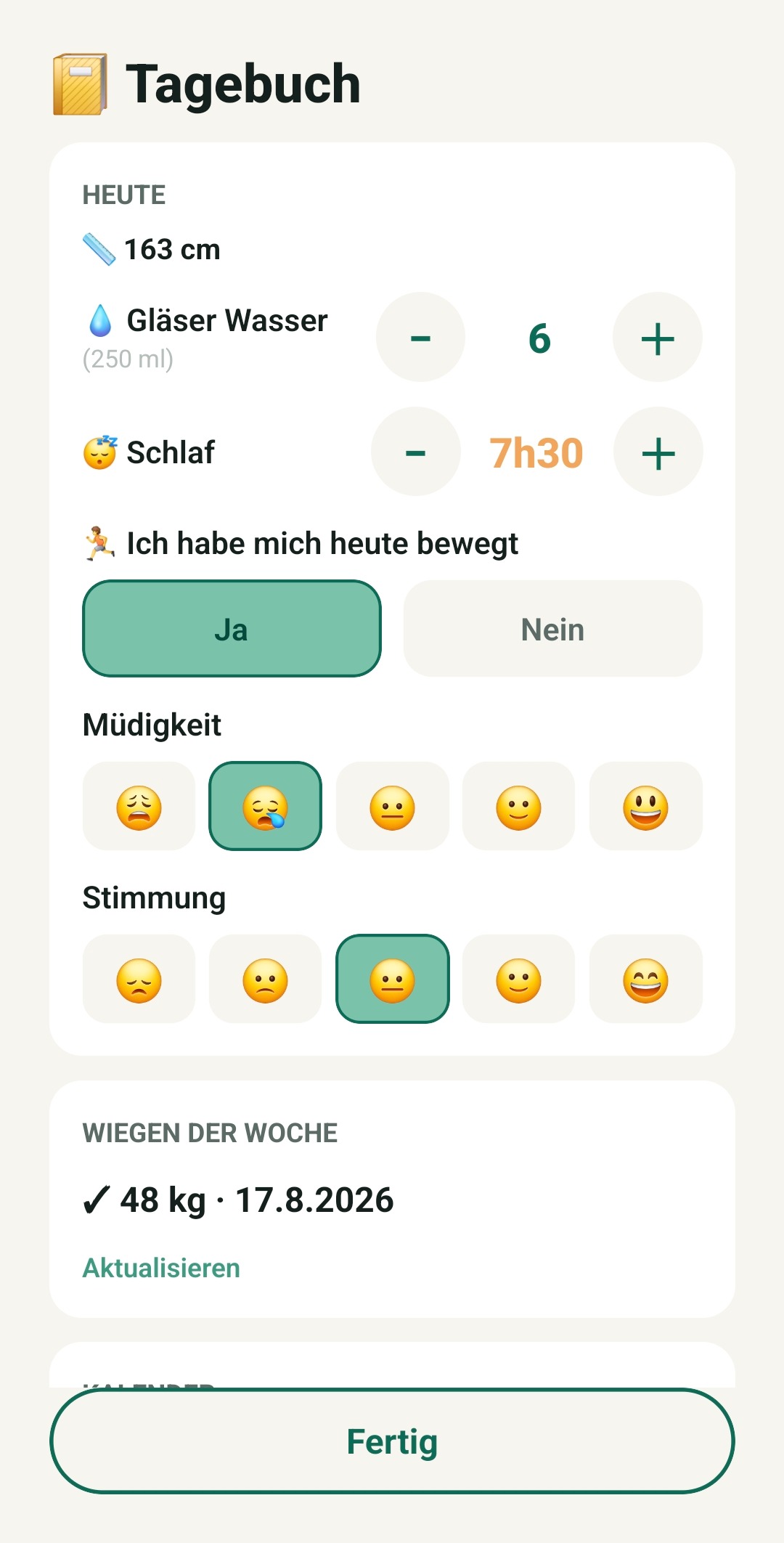 TallUp Tagebuch-Bildschirm