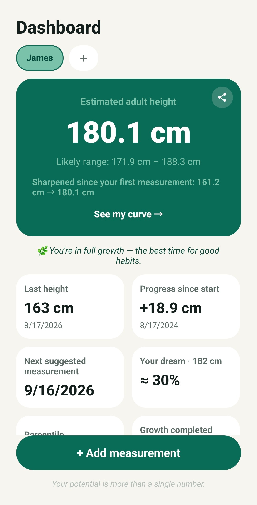 TallUp dashboard showing estimated adult height, growth progress and next measurement