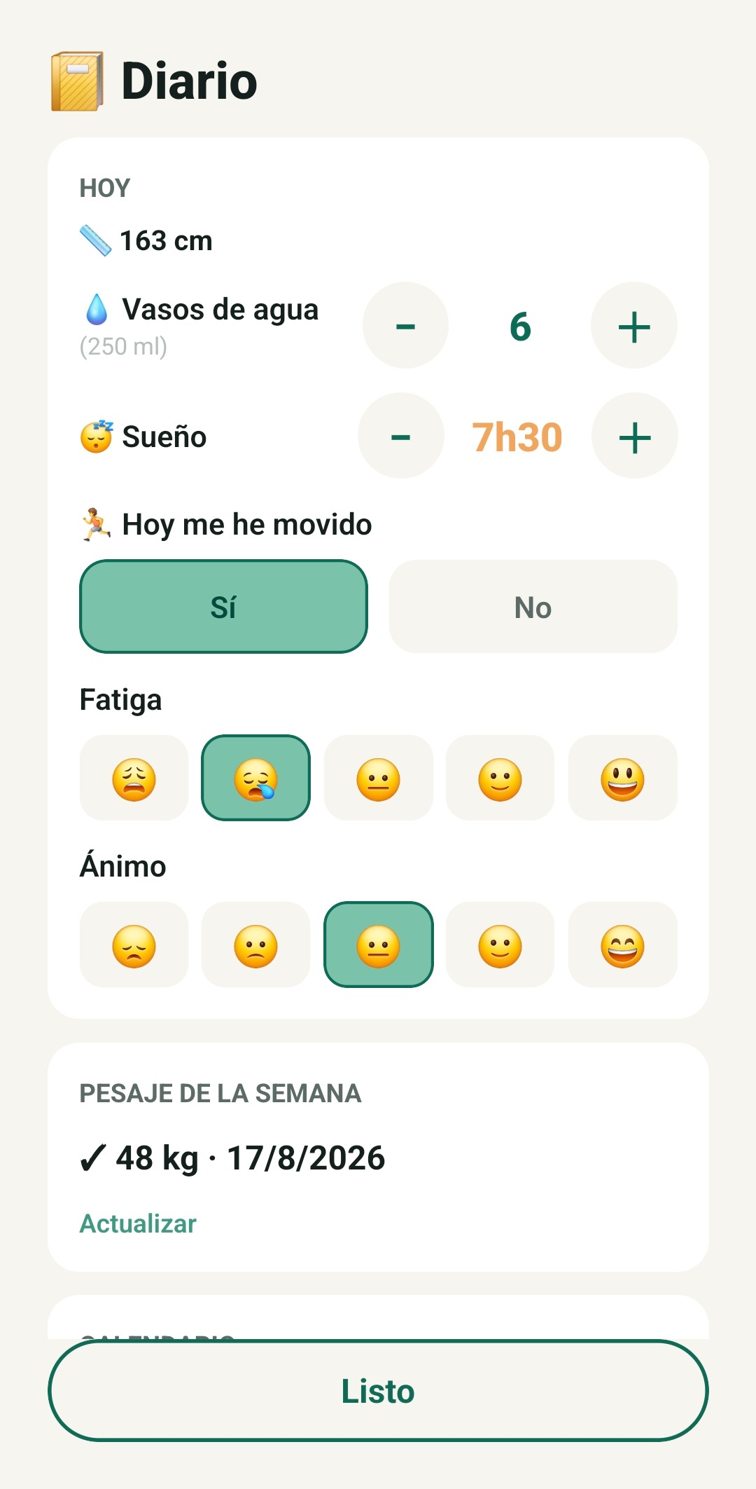 Pantalla de diario diario TallUp