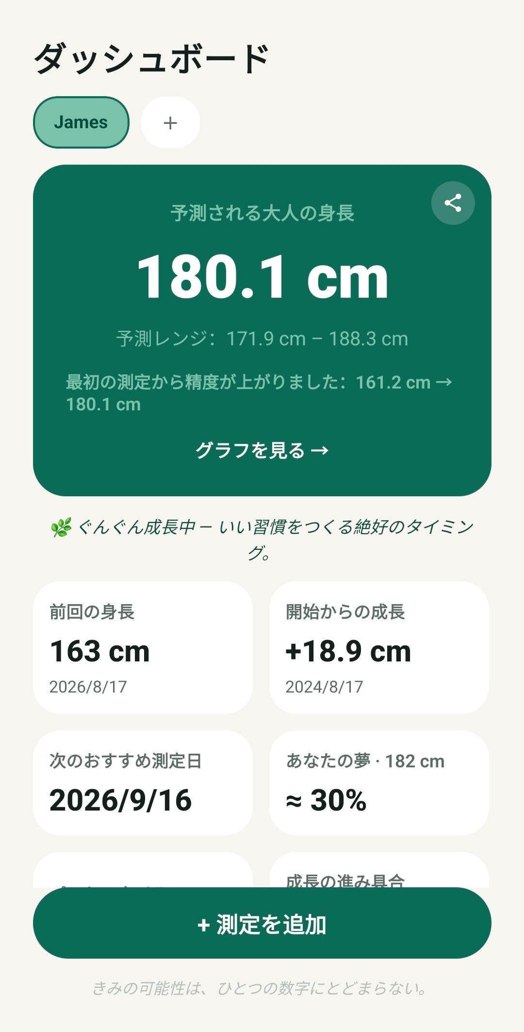 予測身長と成長の進み具合を示す TallUp ダッシュボード