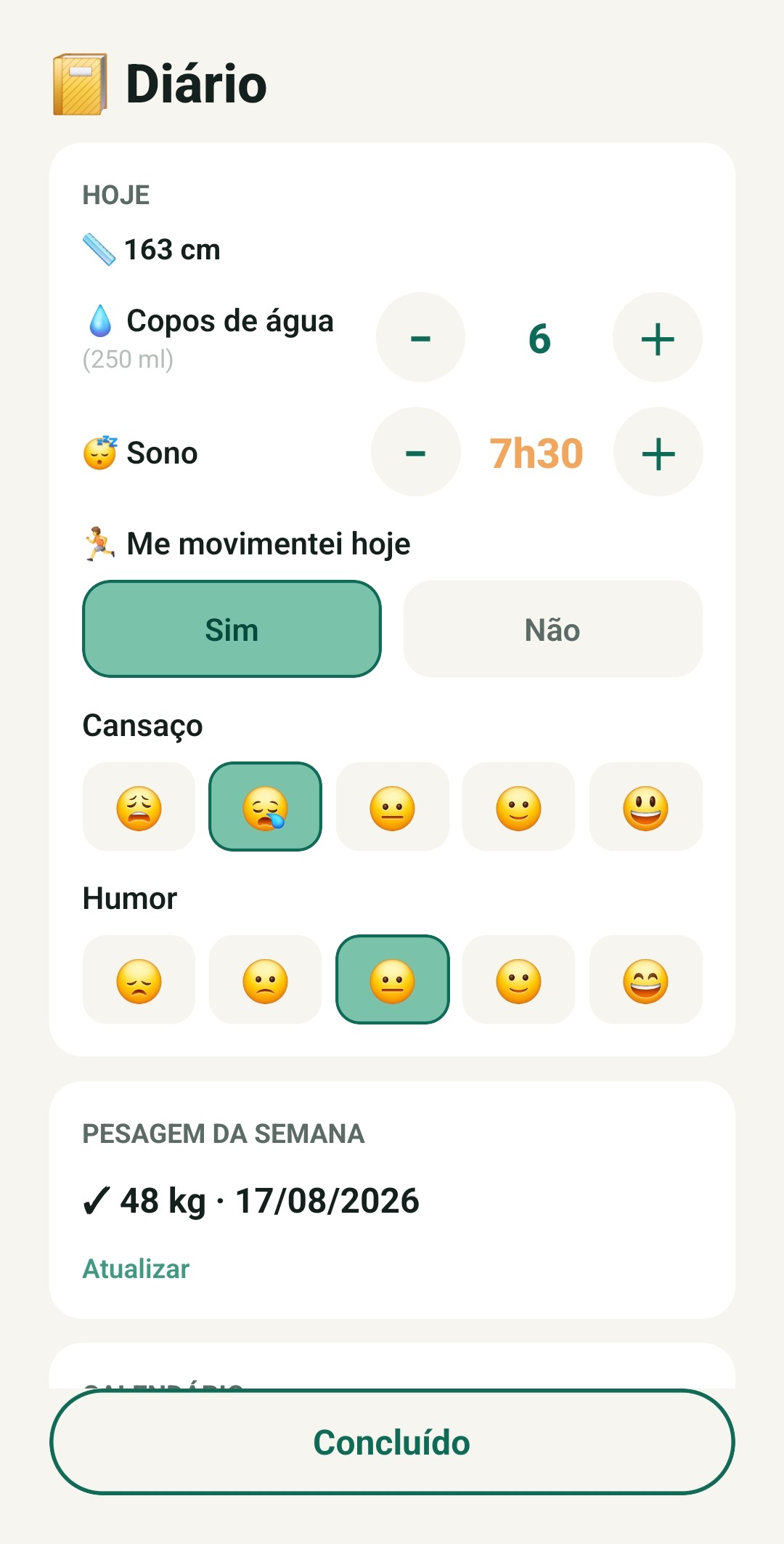 Tela de diário TallUp